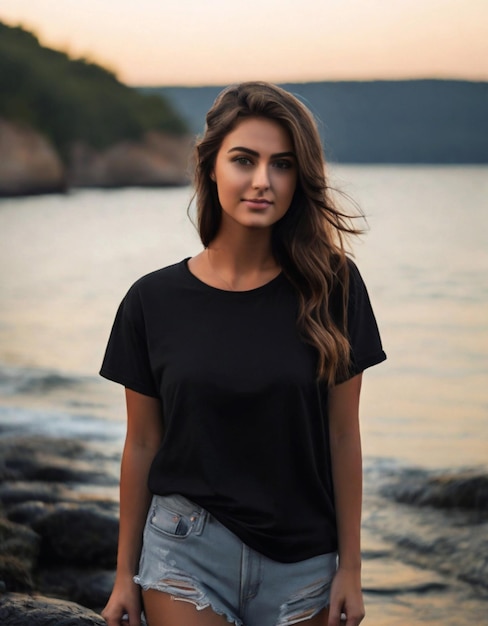 A Young woman wearing blank empty black tshirt mockup for design template Generative AI