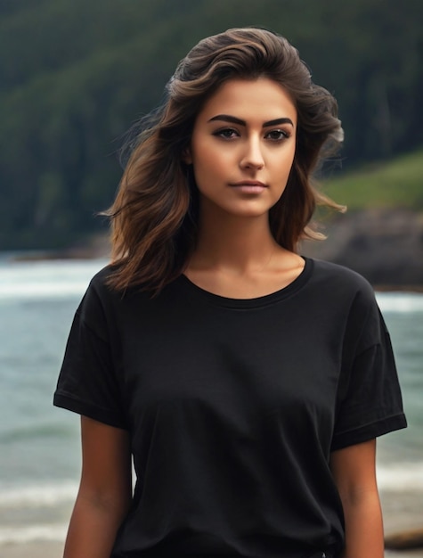 A Young woman wearing blank empty black tshirt mockup for design template Generative AI