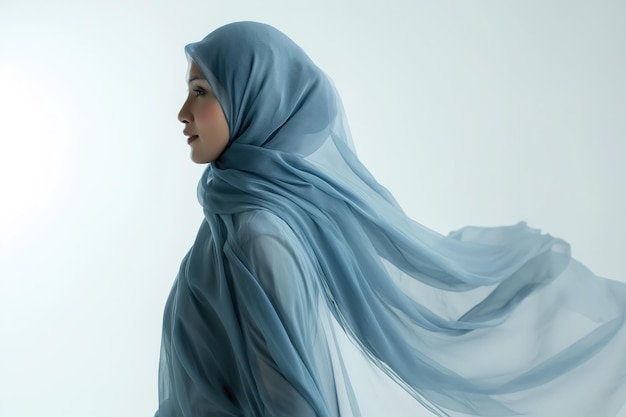 Young woman wearing a blue hijab from side view