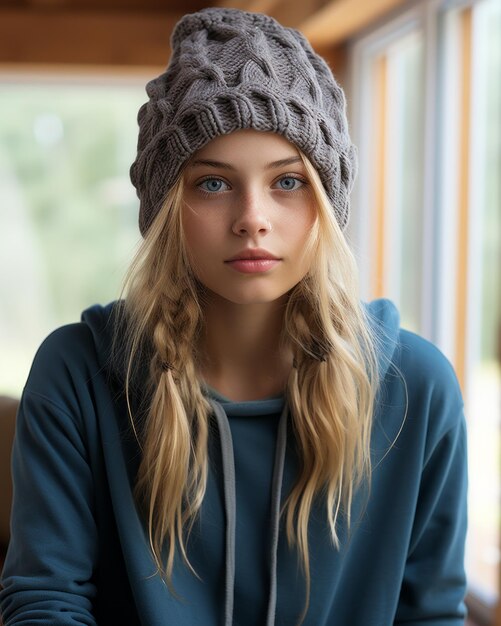 a young woman wearing a blue sweater and a gray knit beanie