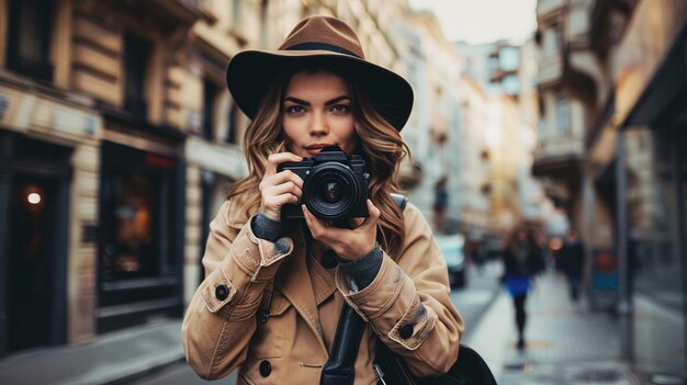 A young woman wearing a brown hat and coat is taking a photo with her camera in the city