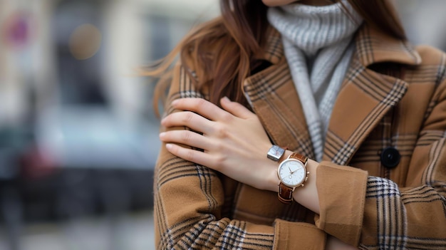 Photo a young woman wearing a brown plaid coat and a white turtleneck sweater she has a watch on her left wrist the background is blurred