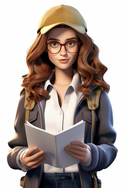 A young woman wearing a cap glasses and a backpack is reading a book