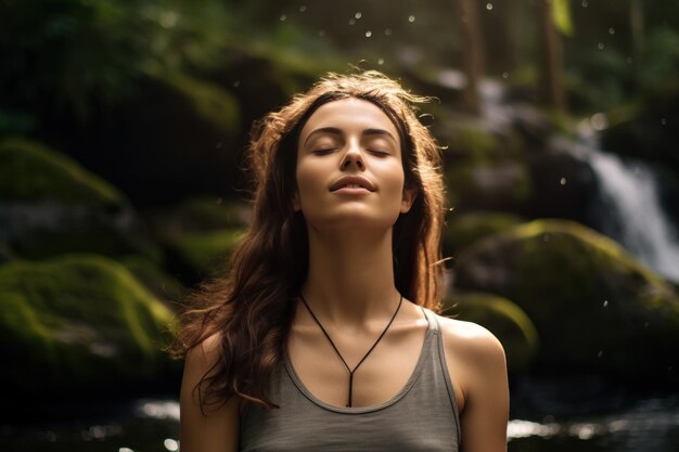 Молодая женщина в обычной одежде наслаждается естественным водопадом в лесу женщина закрывает глаза чувствует себя расслабленным и глубоко вдыхает свежий воздух
