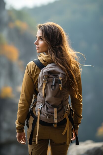 Young woman wearing in climbing equipment standing in front of a stone rock outdoor and preparing to climb