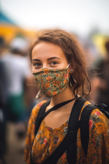 Молодая женщина в маске на музыкальном фестивале, созданном с помощью генеративного ИИ