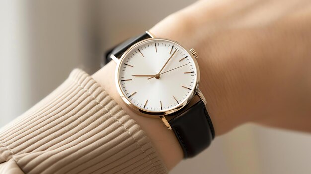 A young woman wearing a fashionable wristwatch The watch has a white dial with goldcolored hands and a black leather strap