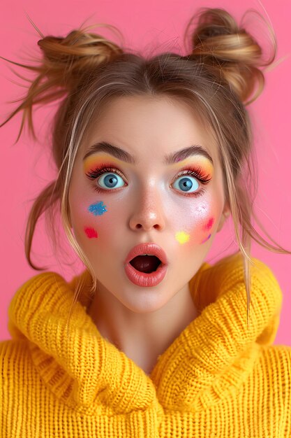 Young woman wearing funny eyemakeup with rainbow colored eyeliner on yellow shirt isolated on pink b