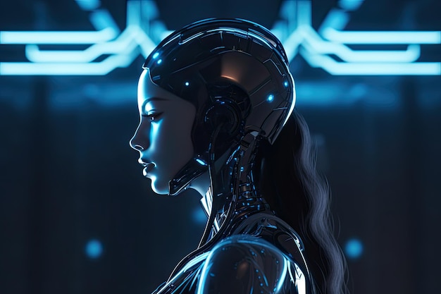 A young woman wearing a futuristic cyberpunk helmet