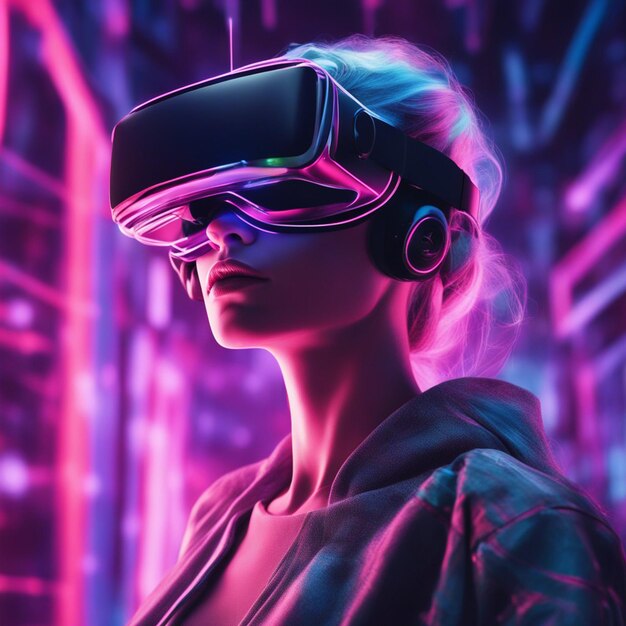 Young woman wearing futuristic glasses and vr isolated on neon blurred background