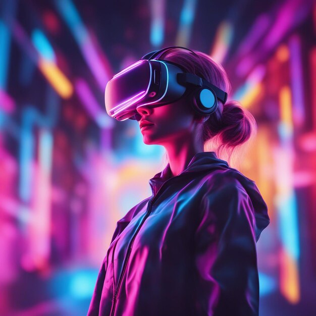 Young woman wearing futuristic glasses and vr isolated on neon blurred background