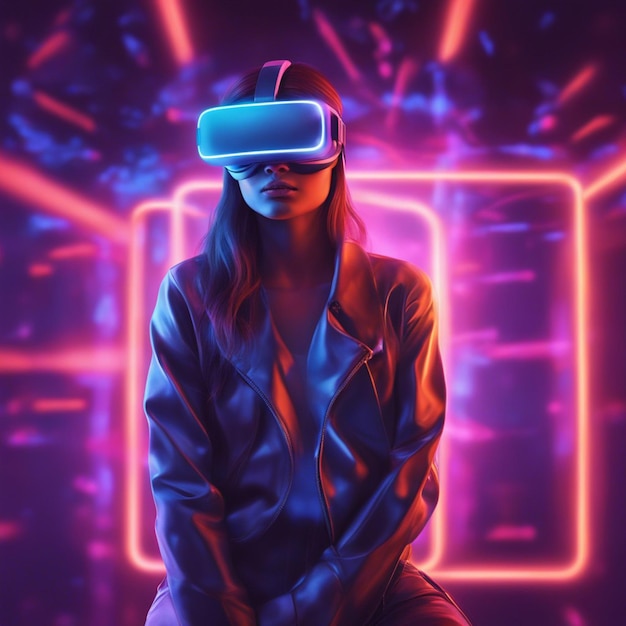 Young woman wearing futuristic glasses and vr isolated on neon blurred background