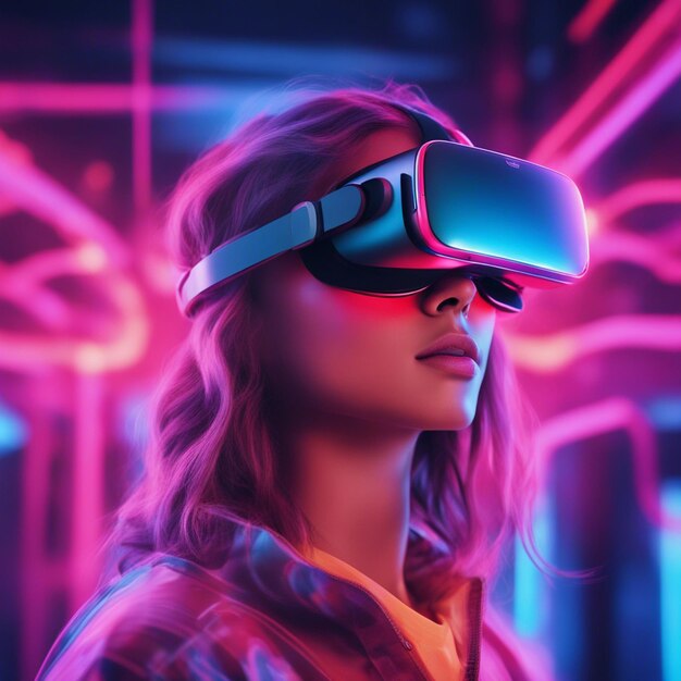 Young woman wearing futuristic glasses and vr isolated on neon blurred background