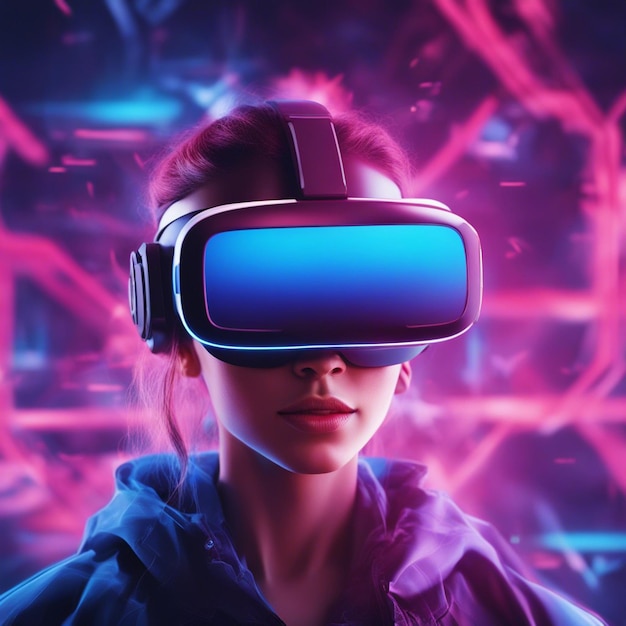 흐릿한 네온 배경에서 고립된 VR 안경과 VR을 착용한 젊은 여성