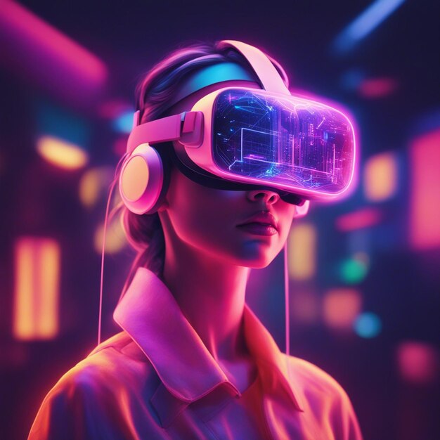 Young woman wearing futuristic glasses and vr isolated on neon blurred background