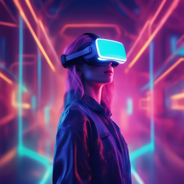 Young woman wearing futuristic glasses and vr isolated on neon blurred background