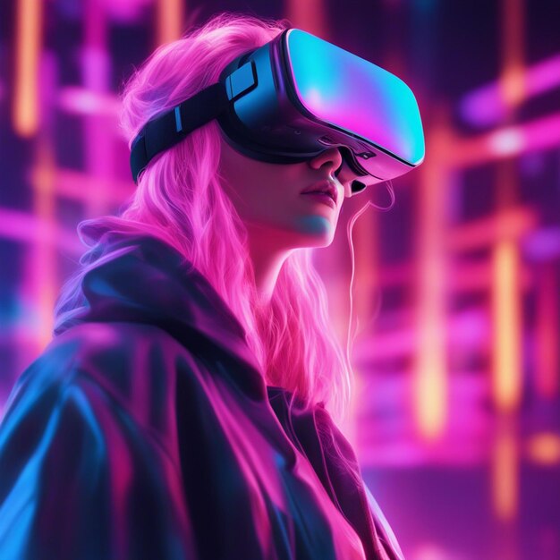 Young woman wearing futuristic glasses and vr isolated on neon blurred background