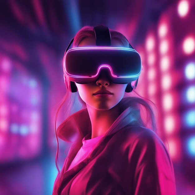 Young woman wearing Futuristic glasses and VR isolated on neon blurred background