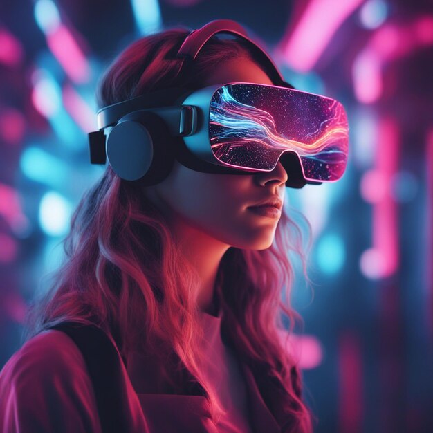 Young woman wearing futuristic glasses and vr isolated on neon blurred background