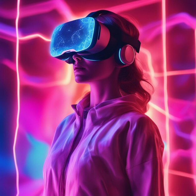 Young woman wearing futuristic glasses and vr isolated on neon blurred background