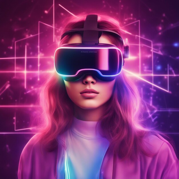 Young woman wearing futuristic glasses and vr isolated on neon blurred background