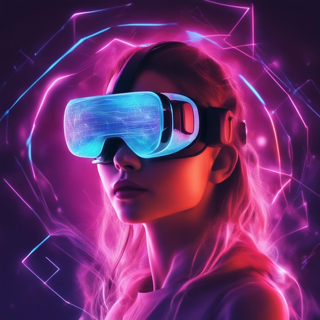 Young woman wearing futuristic glasses and vr isolated on neon blurred background