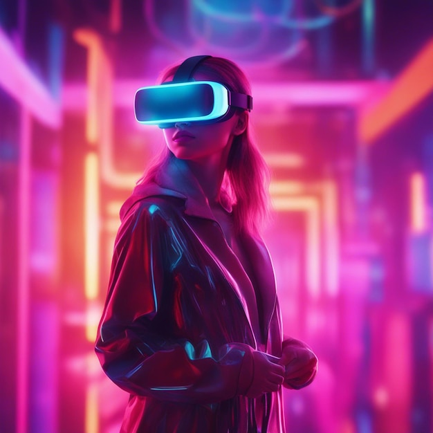 Foto giovane donna che indossa occhiali futuristici e vr isolato su sfondo sfocato al neon