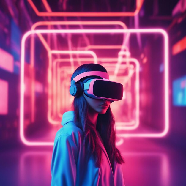 Young woman wearing futuristic glasses and vr isolated on neon blurred background