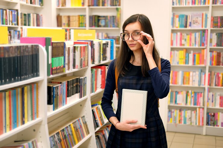 眼鏡をかけて店で本を持っている若い女性。