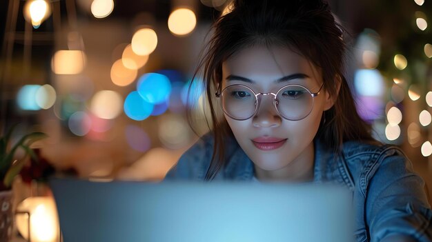 Foto una giovane donna che indossa gli occhiali sta guardando lo schermo del suo laptop. sorride e sembra godersi quello che vede.