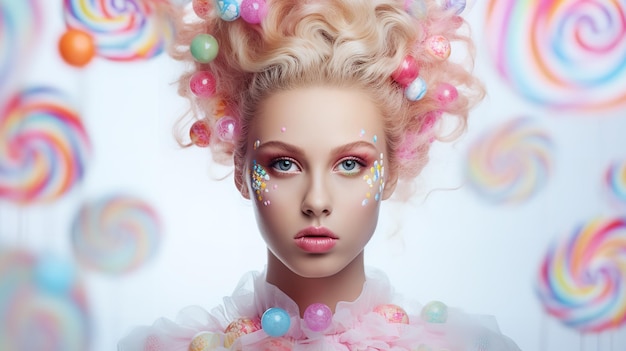 Young woman wearing gorgeous dress concept of candy against white background Generative AI