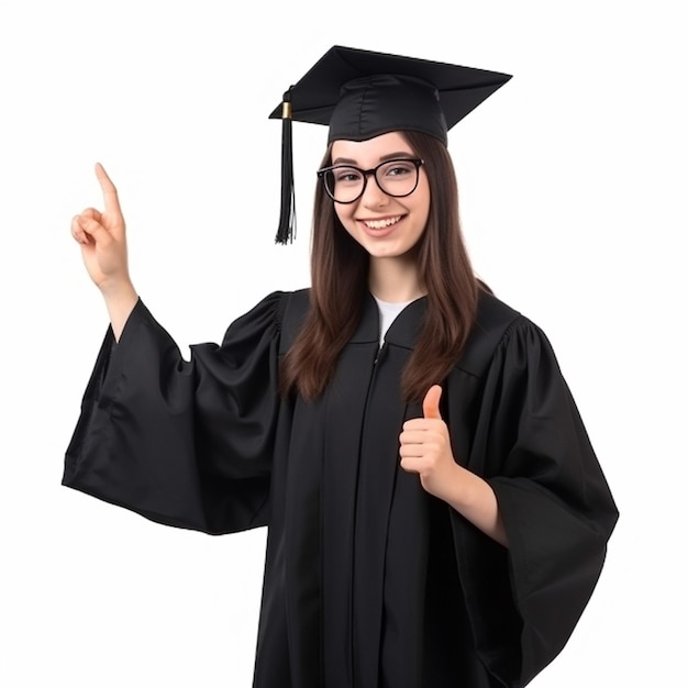 A young woman wearing a graduation cap and gown points up to the sky.