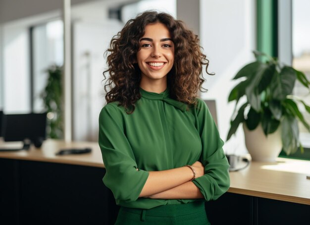 Young woman wearing green top and smiling with her arms crossed in an office