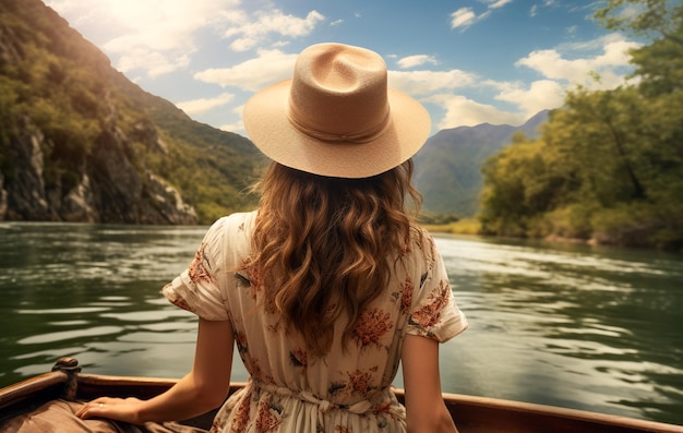 山のある湖のボートで帽子をかぶった若い女性が景色を楽しむ