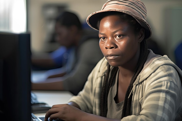 A young woman wearing a hat working on a computer