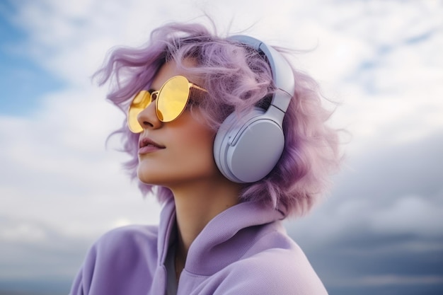 Foto giovane donna che indossa le cuffie e vestiti invernali colorati con uno sfondo di cielo