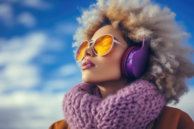 Young woman wearing headphones and colorful winter clothes with a sky background