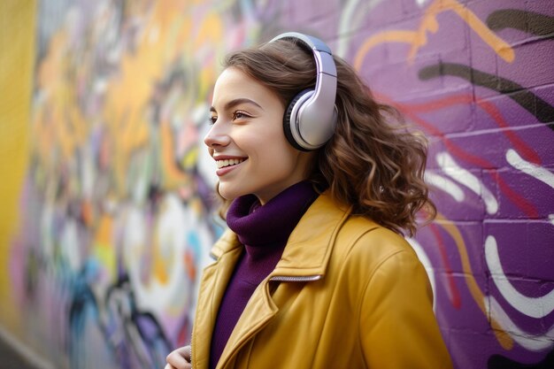 Photo a young woman wearing headphones leaning against a wall