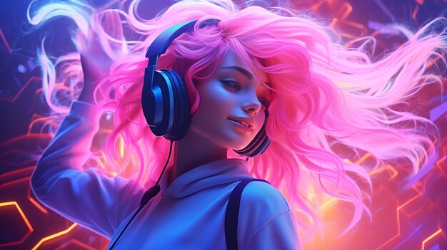 Young woman wearing headphones listening to music in neon background