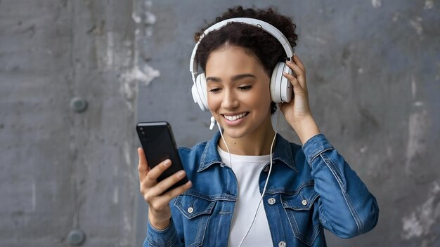 Young woman wearing headphones and listening to music on a smartphone