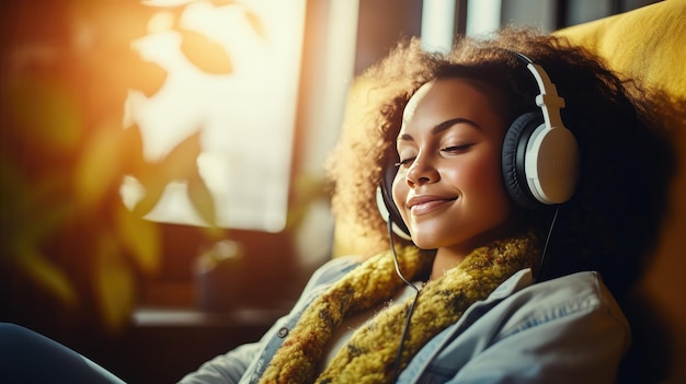 Young woman wearing headphones relaxing on the sofa at home