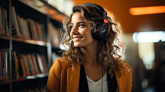 young woman wearing headphones smiles and stands in a public place Listening to audiobooks concept Generative AI