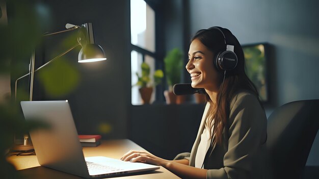 A young woman wearing headphones and smiling while looking