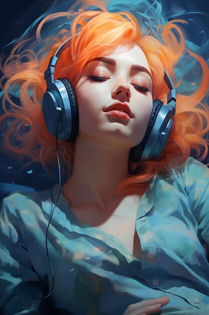 Photo young woman wearing headphones while enjoying music