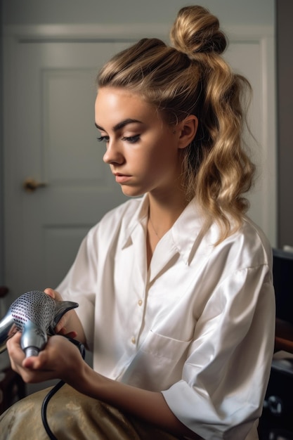 Young woman wearing her hair in a bun using an iron and pressing it created with generative ai