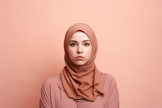 A young woman wearing a hijab and a pink shirt