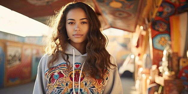 Photo young woman wearing hoodie and smiling on urban background