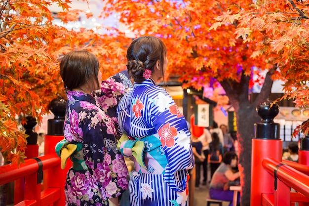赤い木の橋で秋の色の日本の伝統的な着物を着ている若い女性。日本