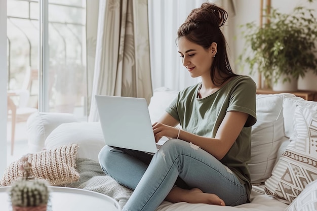 Young woman wearing jeans and green tshirt sitting working in laptop in stylish white home office