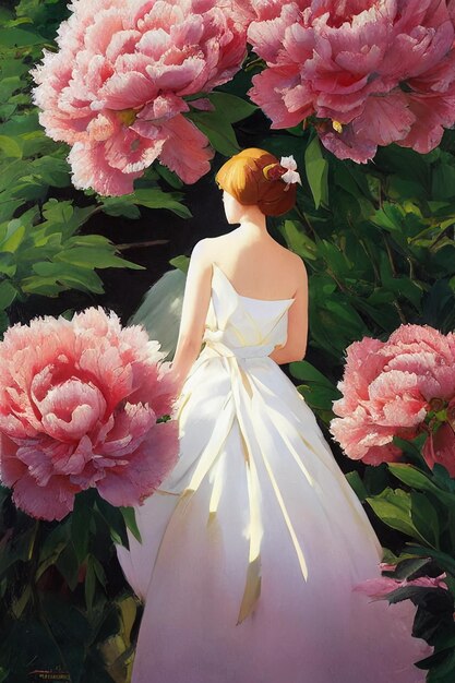 Foto giovane donna con un lungo vestito bianco che cammina tra grandi fiori di peonia rosa in stile romantico